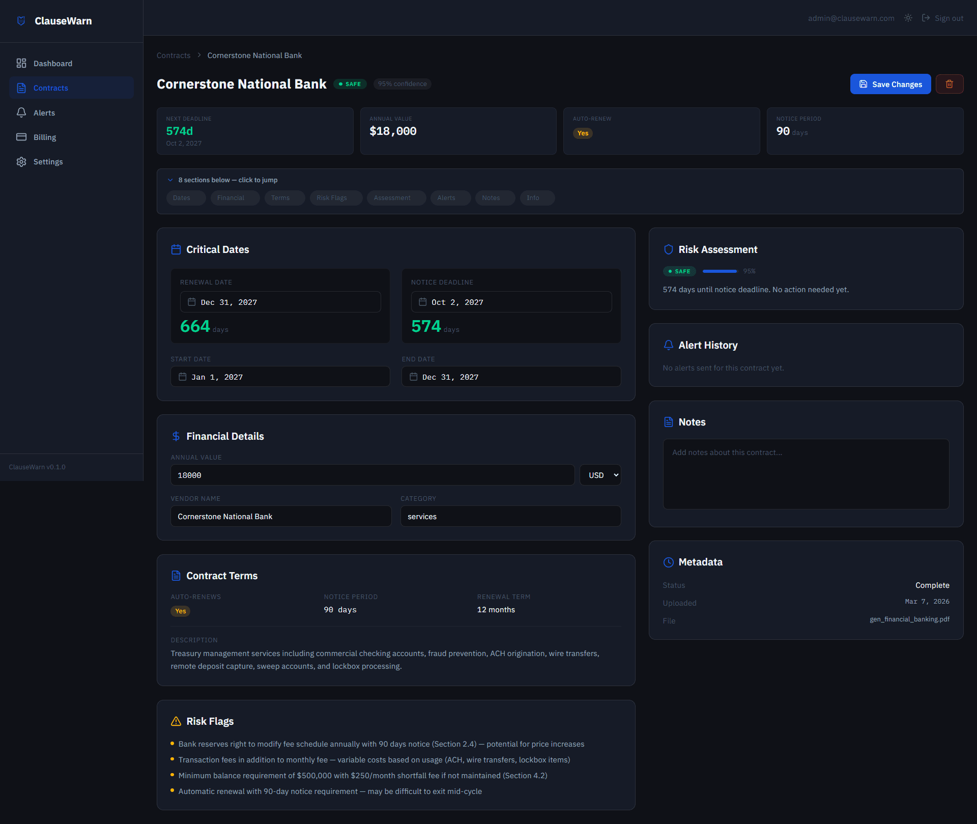 ClauseWarn contract detail view showing extracted renewal dates, notice periods, and risk score
